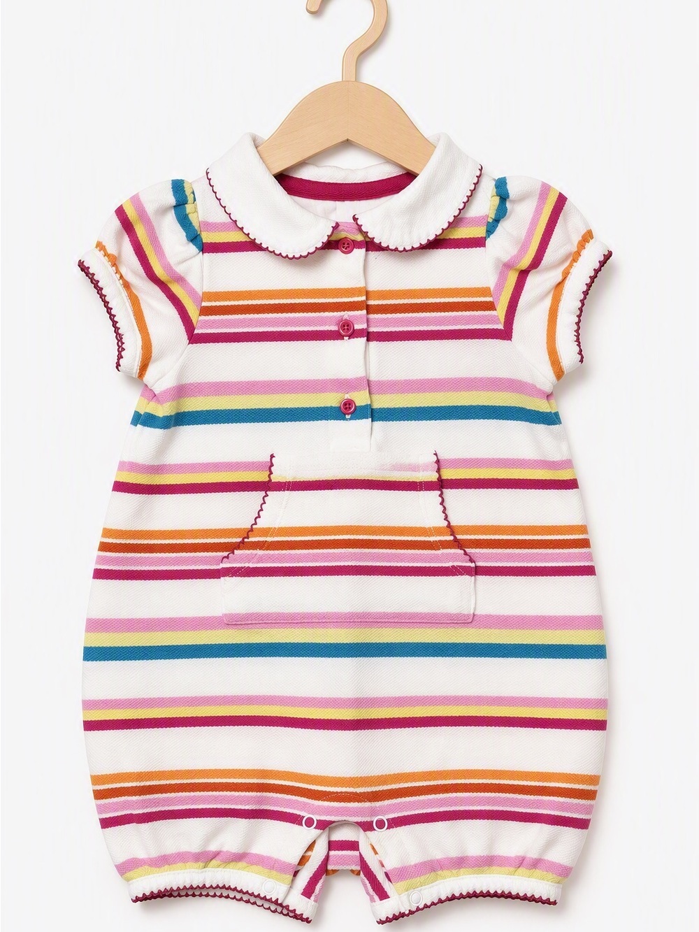 Rainbow Stripe Peter Pan Collar Picot Lace Kangaroo Pocket Bubble Romper 3-6M